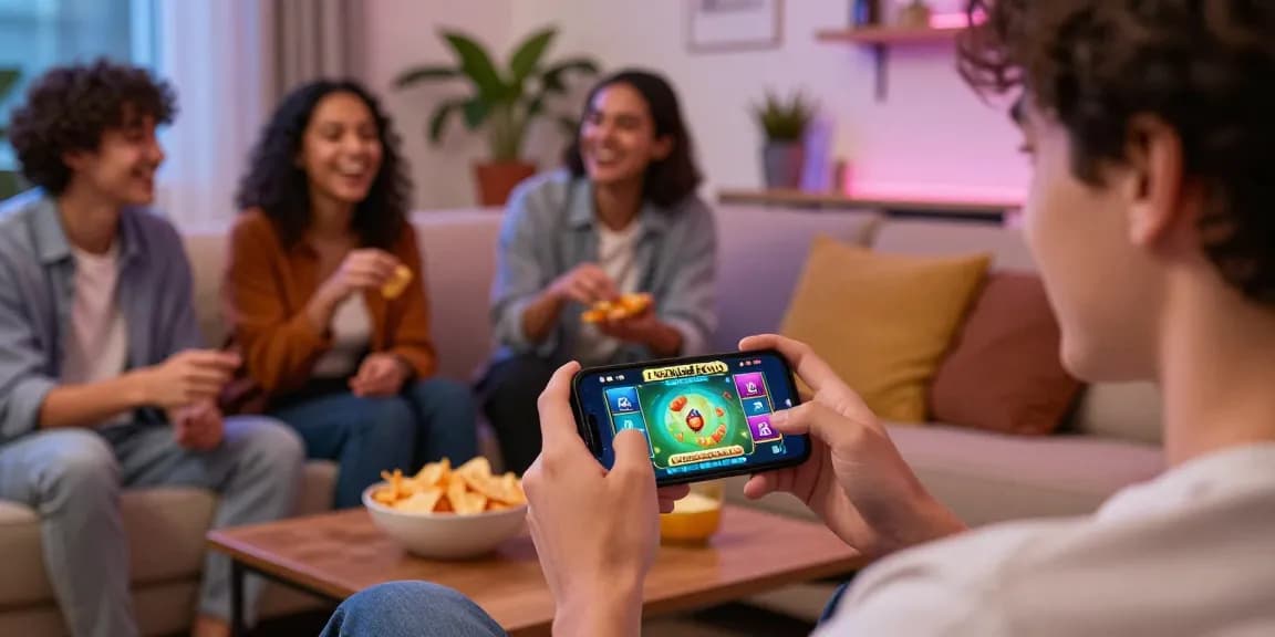 Group enjoying Teen Patti Gold app download on smartphones in a cozy living room.