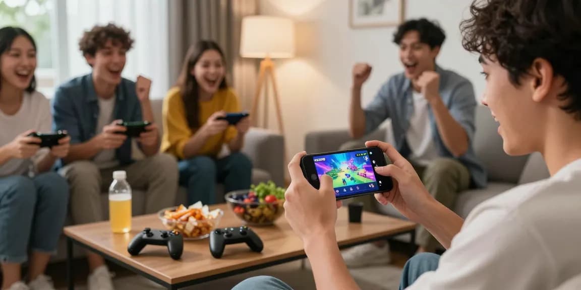 Exciting scene of friends playing KO66 on a smartphone in a cozy living room.