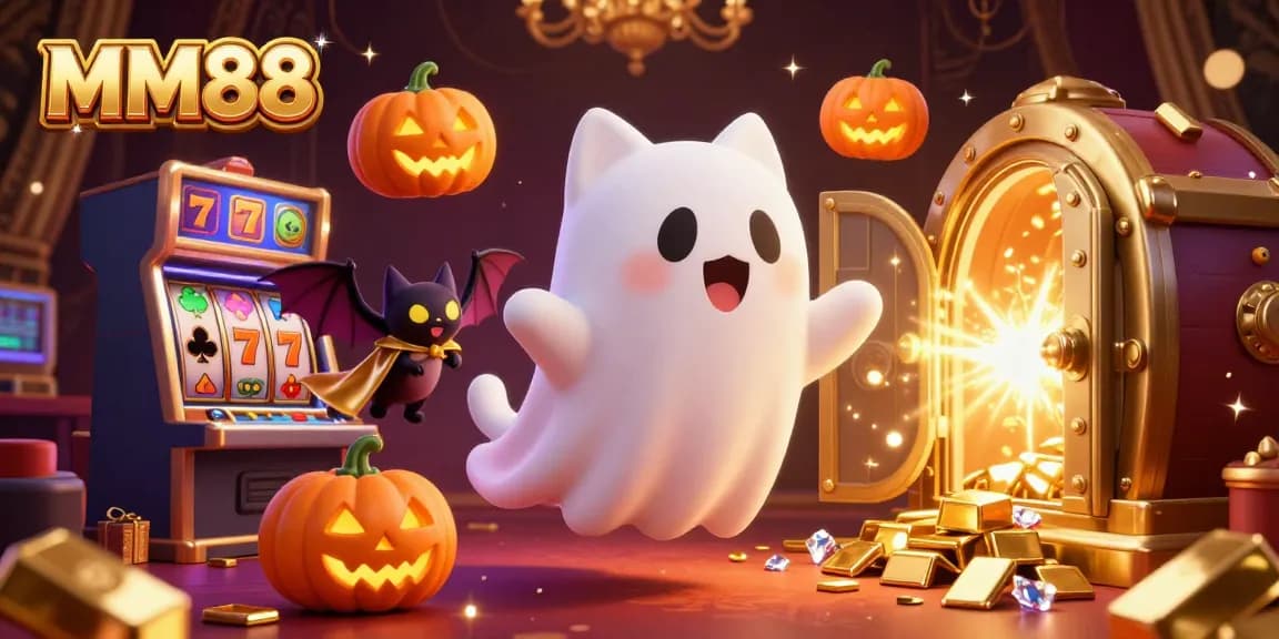 Experience the thrill of MM88 online casino with a friendly ghost cat and exciting game elements.