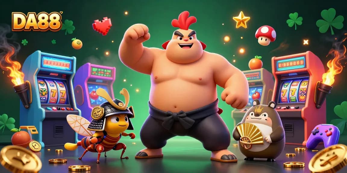 Join the action at DA88, featuring a powerful sumo rooster in a vibrant casino scene.