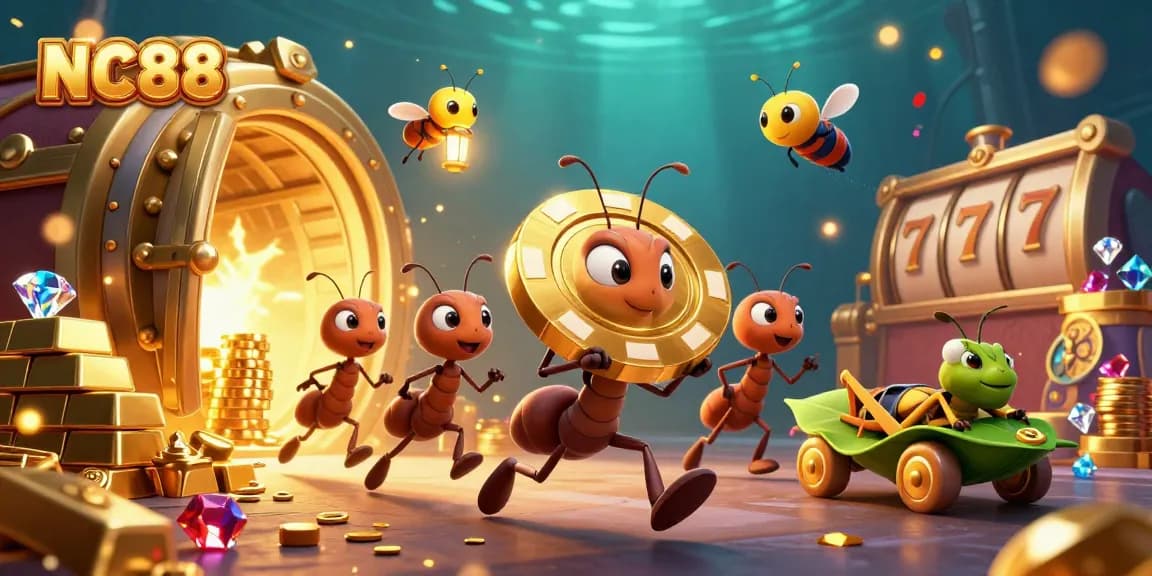 NC88 engages players in a thrilling heist scene with cartoon ants stealing a giant poker chip among casino treasures.