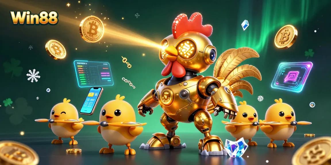 Experience the dynamic excitement of Win88 with a golden rooster robot and baby chick drones in a dazzling casino scene.