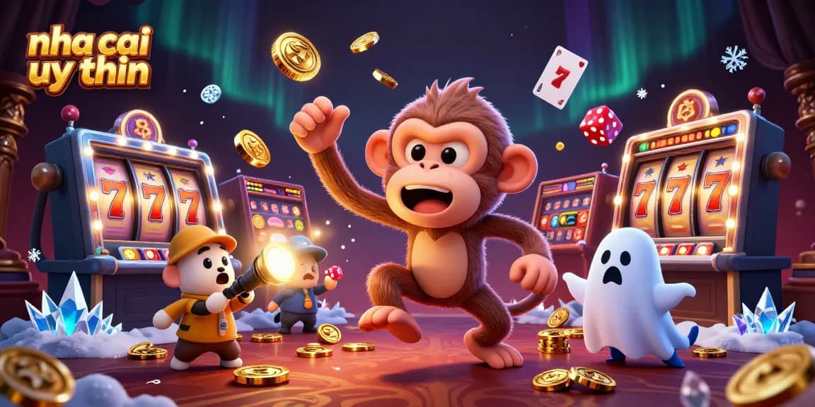 Engage in thrilling gameplay at nha cai uy tin with a dynamic casino scene featuring a playful monkey and a ghost-hunter puppy.