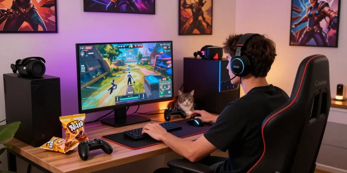 LUCK8 gaming enthusiast in a modern gaming setup, vibrant LED lights and snacks creating an energetic atmosphere.