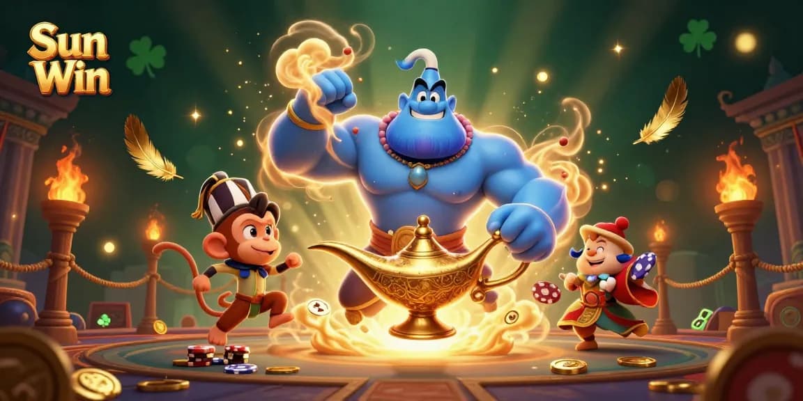 Experience Sun Win with a magical genie and poker-themed odyssey in a vibrant casino illustration.