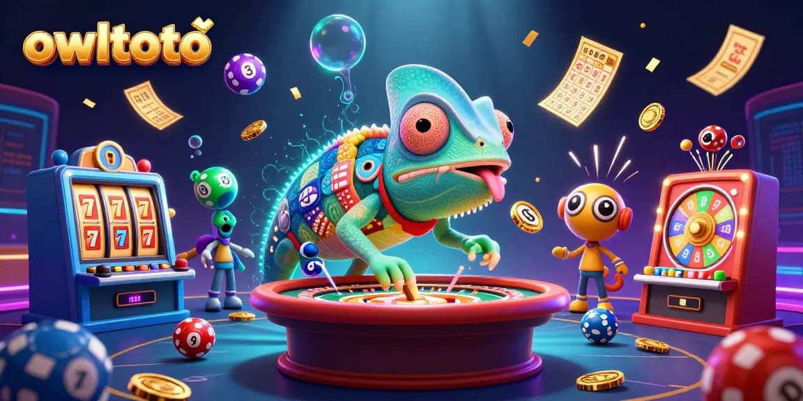 Owltoto welcomes players with a vibrant casino scene featuring a colorful chameleon and dynamic gaming elements.