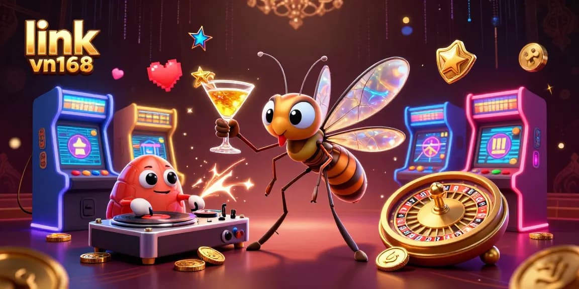 Win big at link vn168 with a dynamic casino scene featuring vibrant characters and gaming elements.