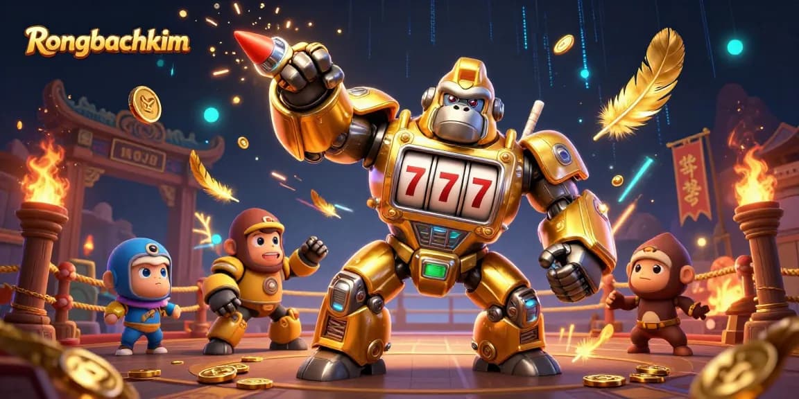 Engage with Rongbachkim's exciting slots through vivid 3D illustration showcasing dynamic casino elements.