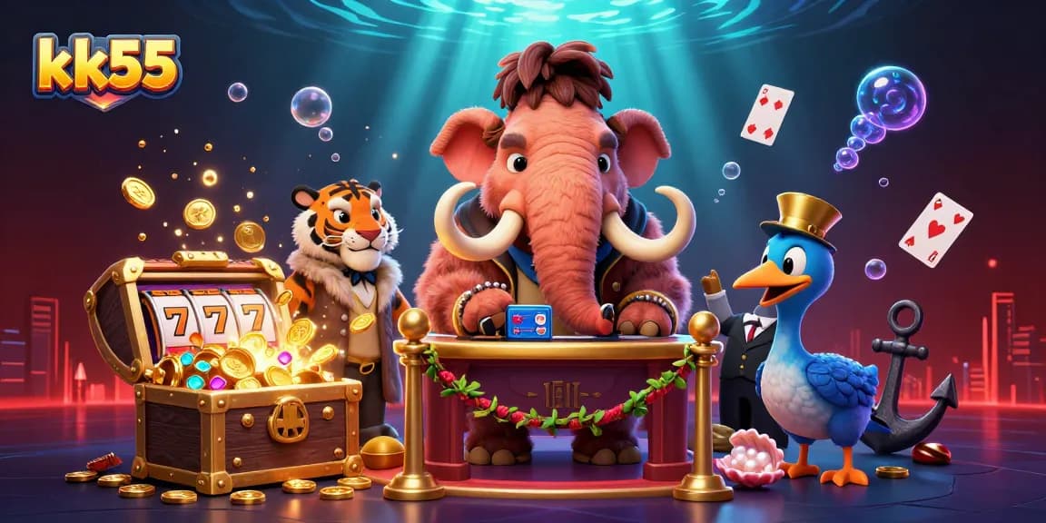 kk55 engages players in a vibrant casino scene featuring slots and colorful characters.