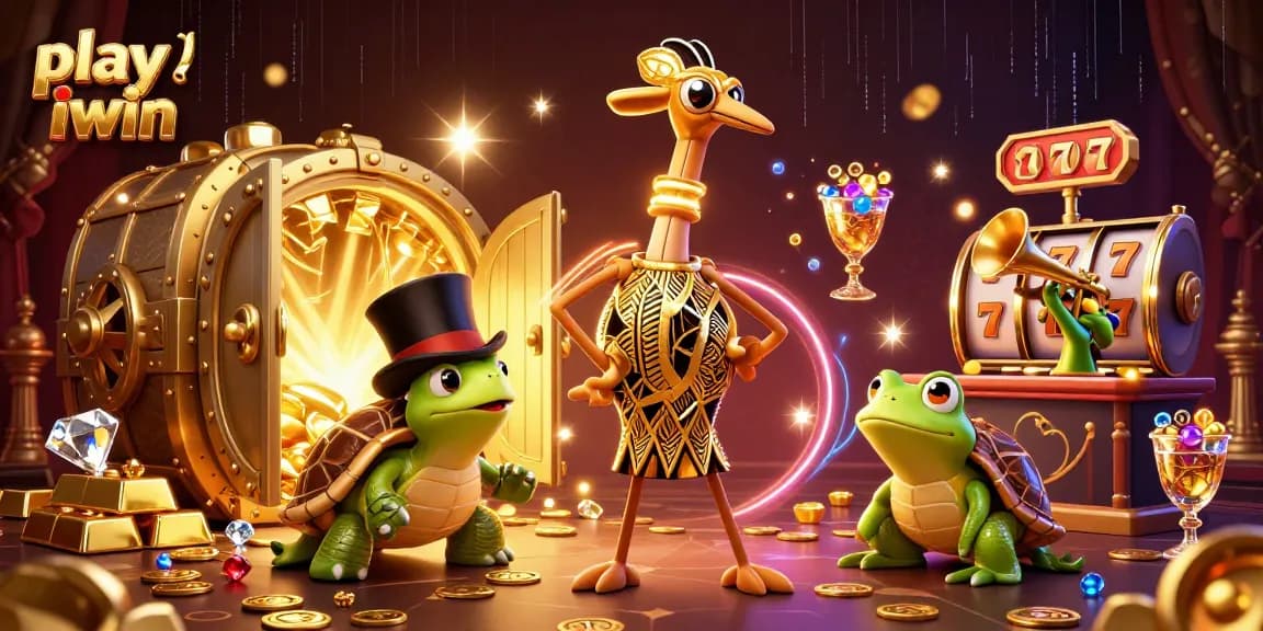 Play iwin with thrilling slot machine excitement and vibrant casino characters in a rich 3D illustration.