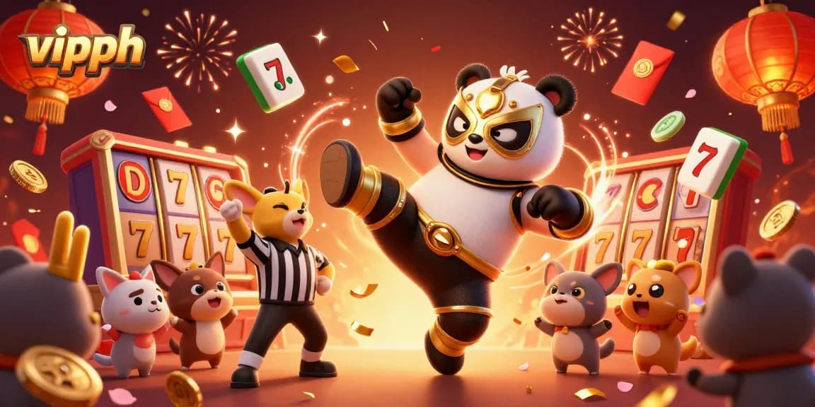 Bet on vipph with a flying panda wrestler amidst festive casino decorations and cheering crowd
