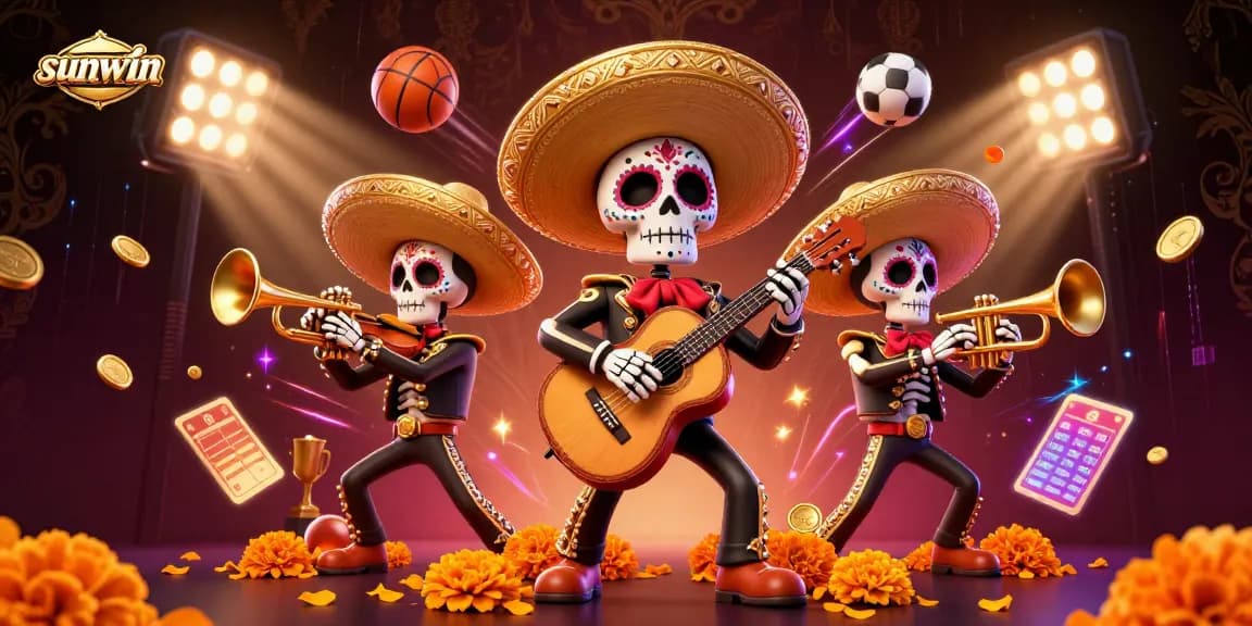 Engage and win big at sunwin with vibrant 3D mariachi skeletons celebrating in a lively casino atmosphere.