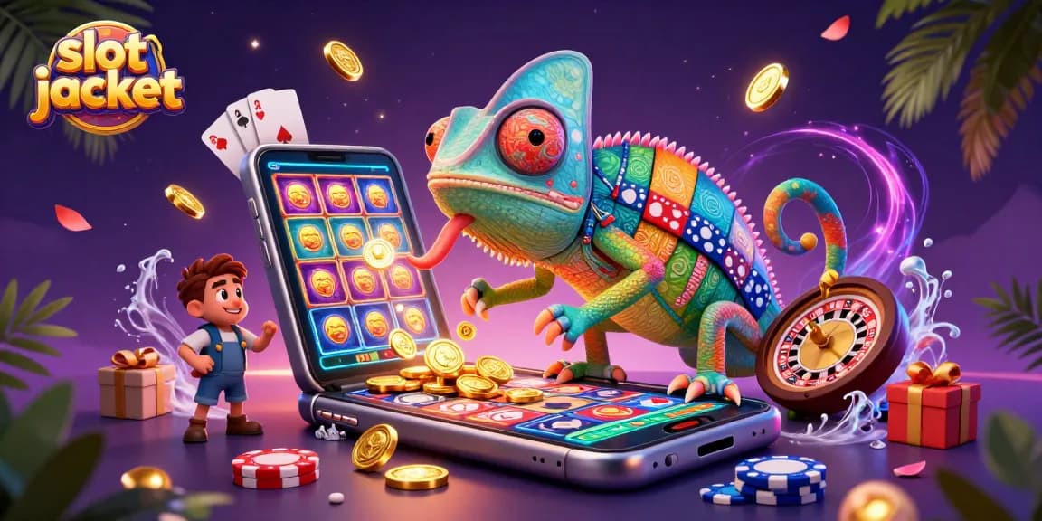 Mengalami keseruan slot jackpot dengan ilustrasi chameleon kasino berwarna-warni yang meraih koin emas.