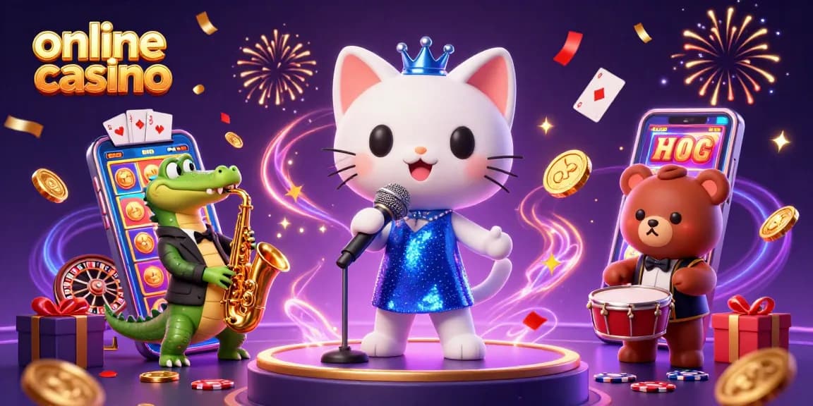 Join the fun at an online casino with a jazzy cat singer, sax crocodile, and drumming bear!
