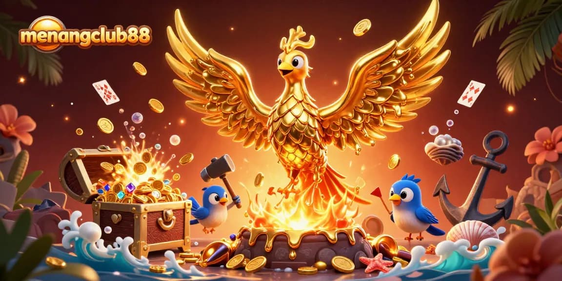 Engage in epic strategies with menangclub88 as a molten phoenix reveals treasures in a vibrant casino scene.