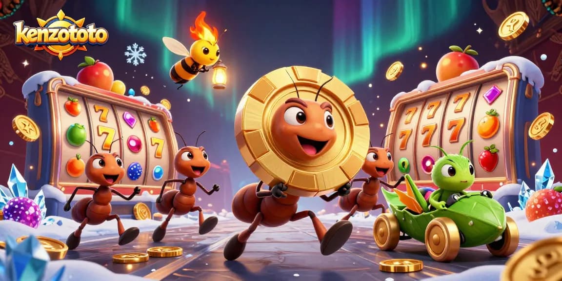 Kenzototo ants heist scene with golden poker chip and slot gaming elements.