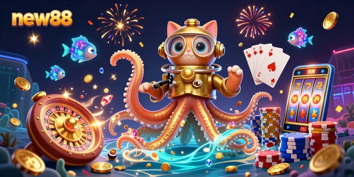 Engage with new88's thrilling casino experience featuring a kraken and diving cat amidst vibrant gaming elements.