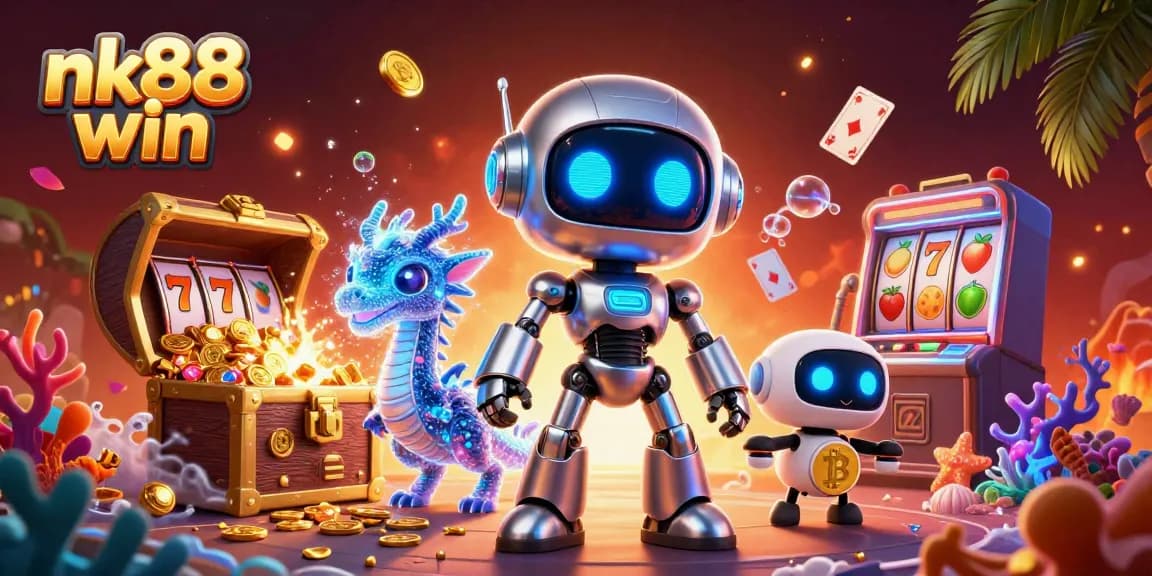 Experience nk88 win with a colorful 3D scene featuring a cyberpunk robot and treasure-filled slot machines.