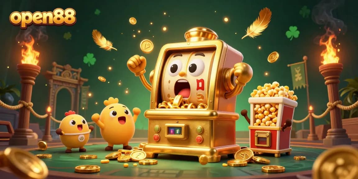 Experience the excitement of open88 with lively slot machines celebrating big wins amidst a vibrant casino scene.