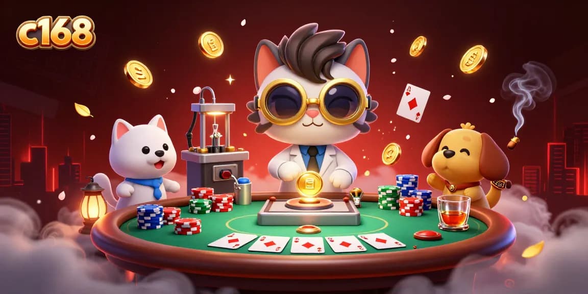 Experience thrilling gameplay at c168 with a vibrant scene showcasing poker chips and characters engaging in card games.