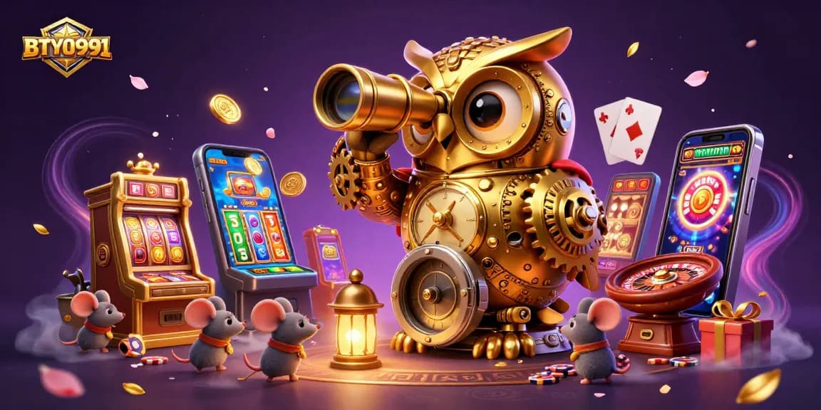 Engage with BTY0991 at an enchanting casino scene featuring a golden owl and playful mice amidst vibrant gaming elements.
