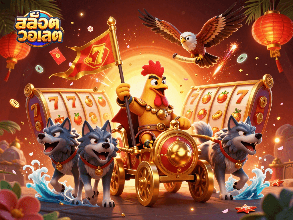 Engage with สล็อตวอเลท through an exciting scene of a rooster warlord and slot reels amidst festive elements.