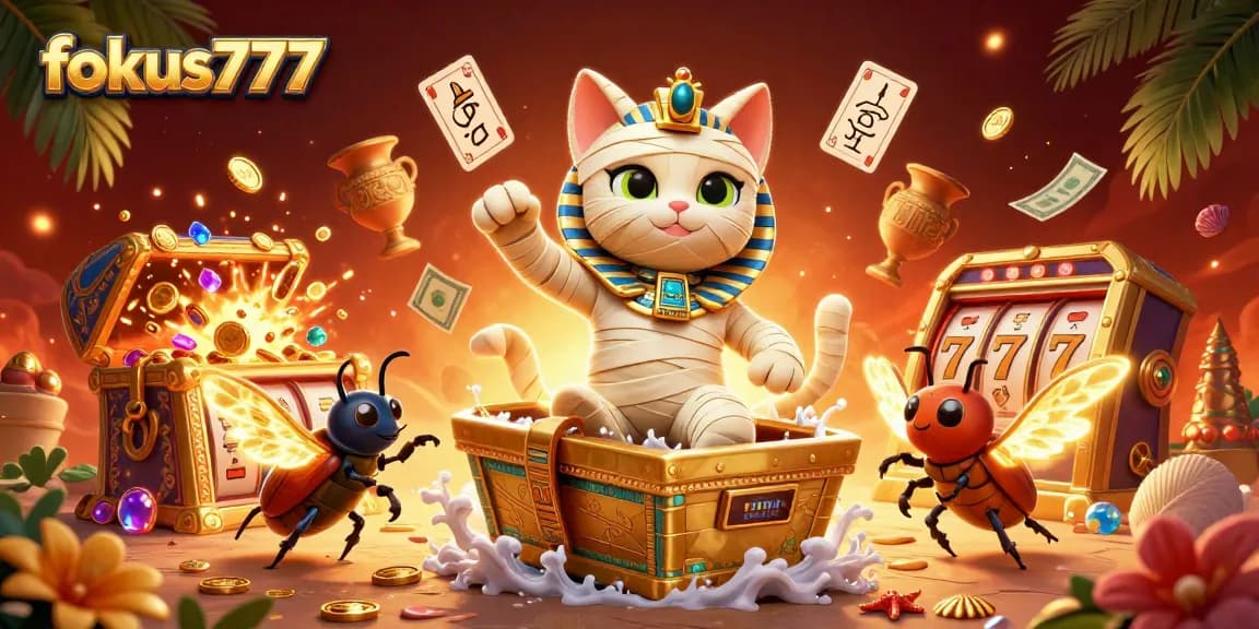 Play exciting games at fokus777 with a 3D cartoon mummy cat emerging from a golden sarcophagus.