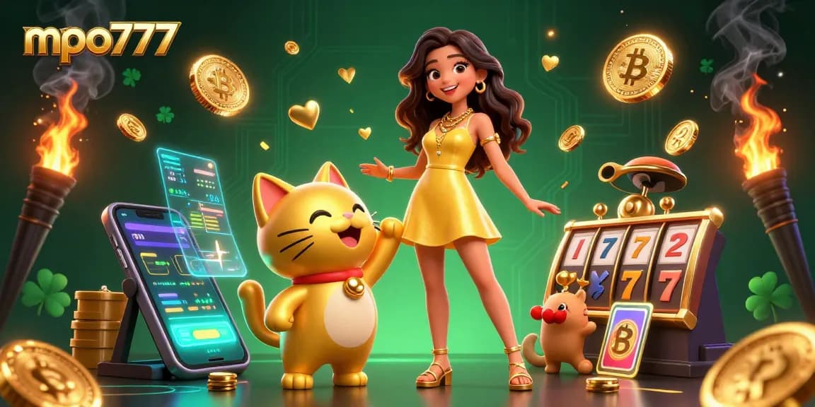 Experience thrilling gaming action with mpo777 as a joyful woman interacts with a lucky cat in an energetic casino scene.
