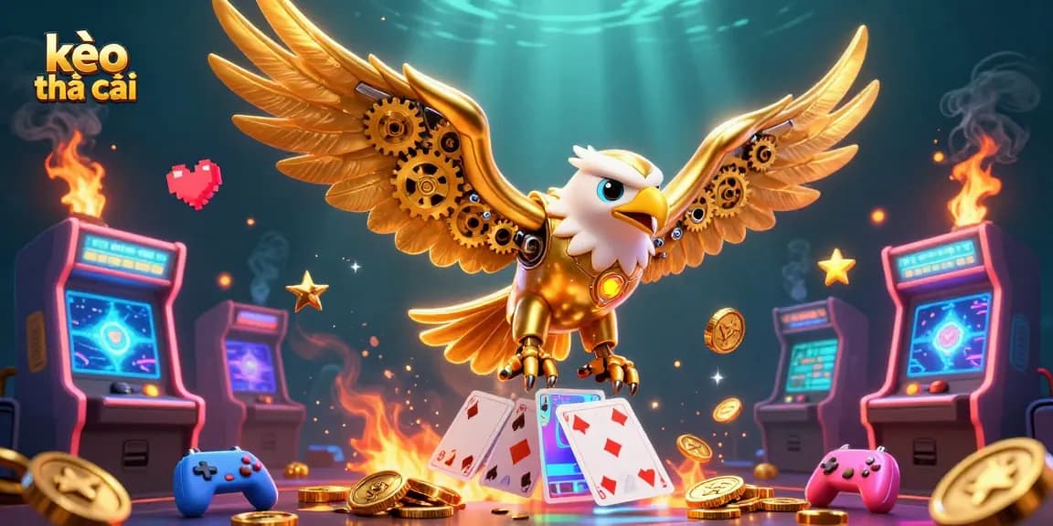 Experience the excitement of kèo nhà cái with a dynamic 3D illustration of a golden eagle flying through casino-themed visuals and holographic cards.