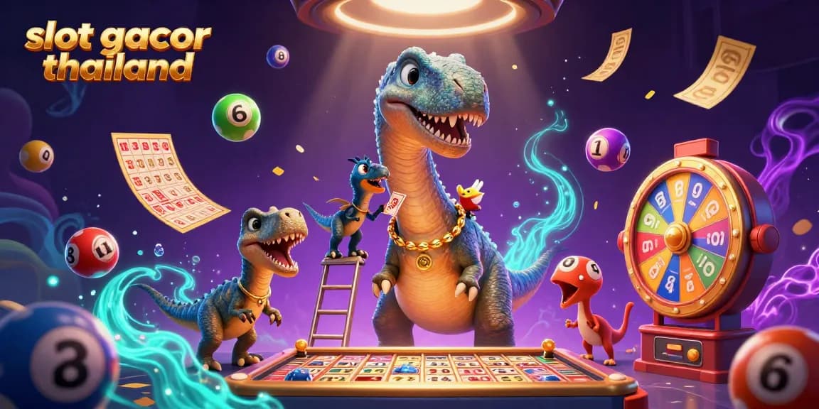 Experience the excitement in slot gacor thailand with a dynamic casino scene full of playful dinosaurs and vibrant game elements.