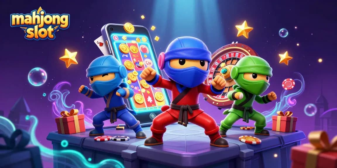 Experience thrilling mahjong slot action with animated chameleon ninjas amidst a vibrant gambling scene.