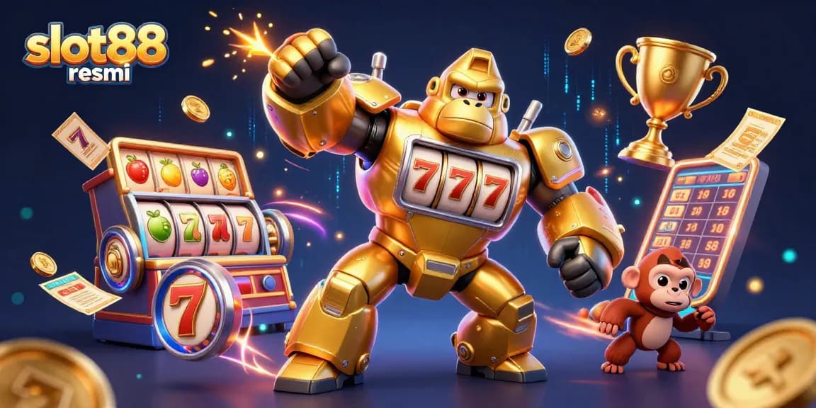 slot88 resmi memperlihatkan gorila emas mesin slot 3D dengan simbol keberuntungan dan banyak koin