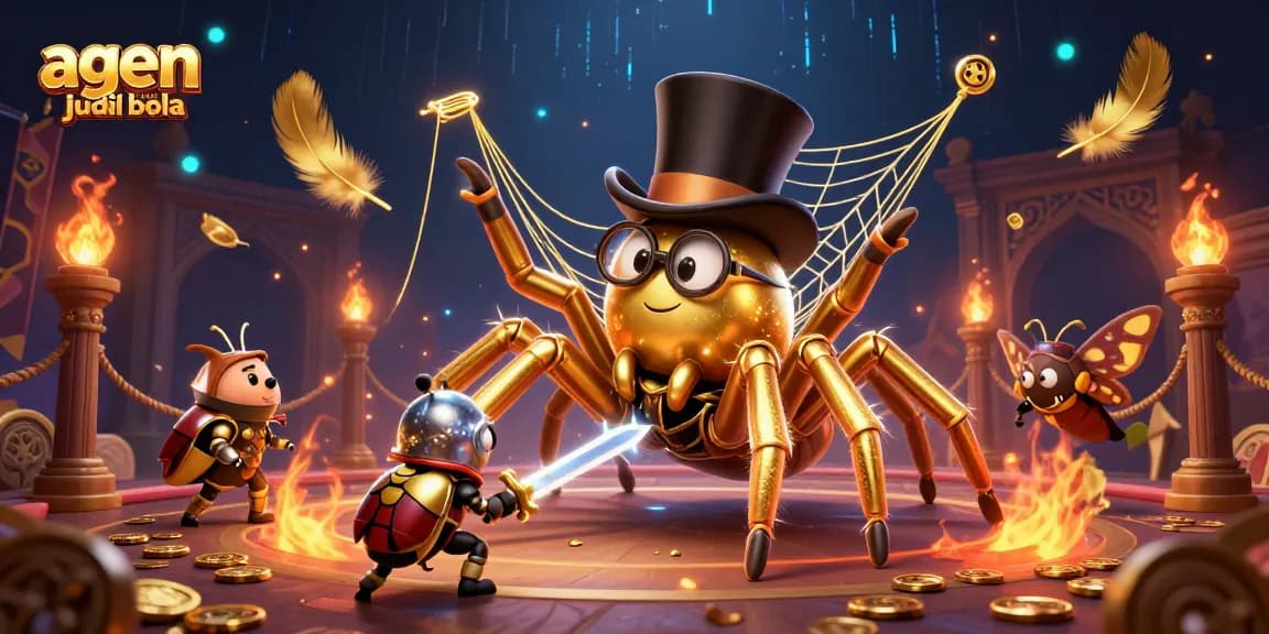 Betting arena featuring agen situs judi bola with a golden tarantula and beetle knight amidst thrilling casino elements.