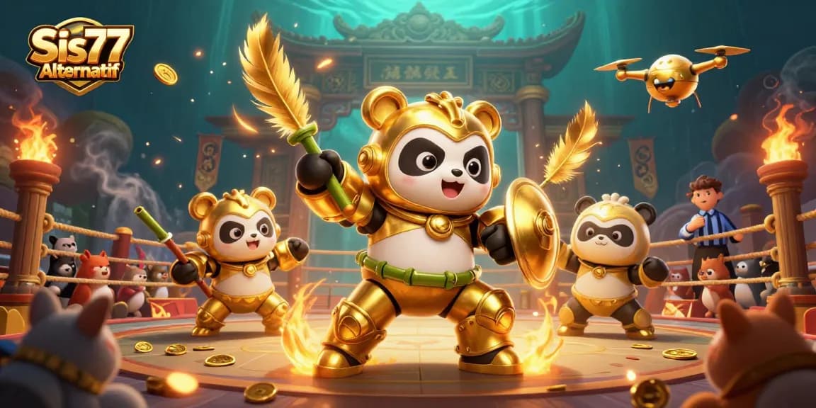 Menggoda pemain dengan Sis77 Alternatif, ilustrasi kasino yang menunjukkan panda emas dalam pertempuran robotik dengan elemen perjudian yang menarik.