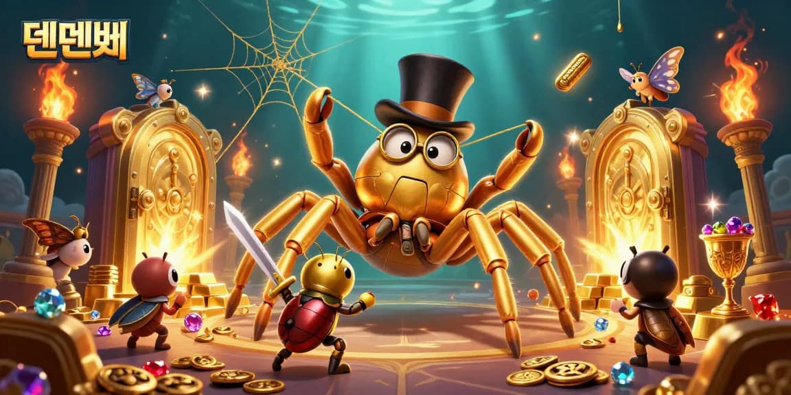 Experience the thrilling adventure of 텐텐벳 as the brave beetle knight approaches the golden tarantula in a dazzling casino.