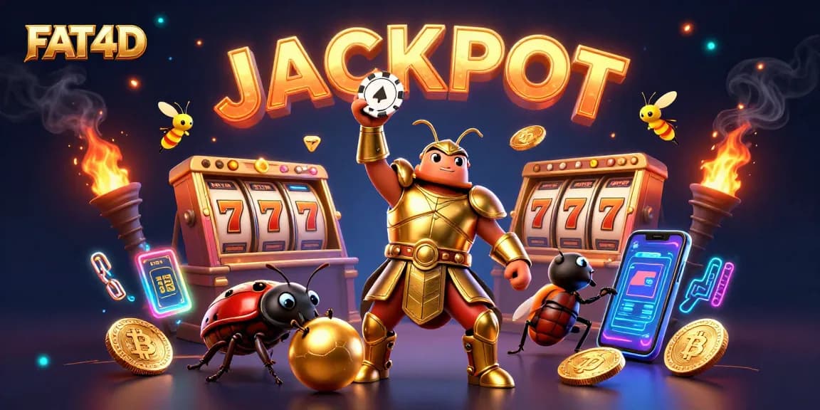 FAT4D shows a victorious beetle with a poker chip, celebrating jackpot wins in a vibrant casino scene.