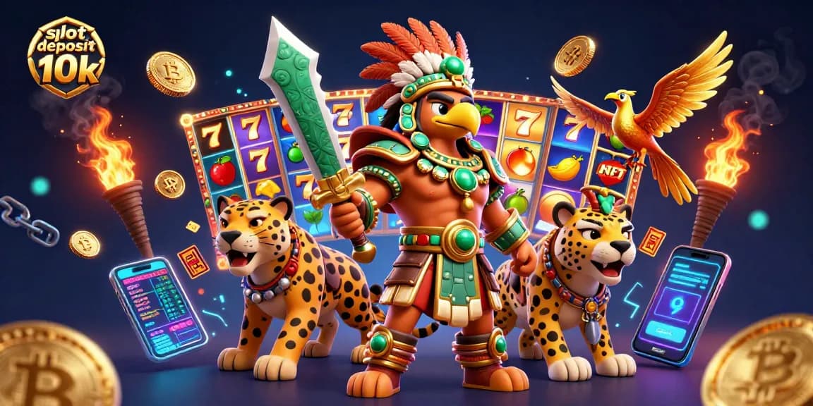 Spin and win at the slot deposit 10k casino with vibrant Aztec warriors and crypto elements