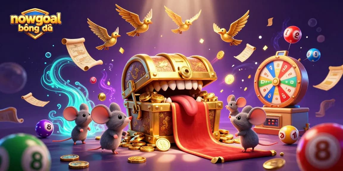 Engaging nowgoal bóng đá scene with a golden treasure chest drawing mice in, vibrant elements surrounding, depicting a lively gambling atmosphere.