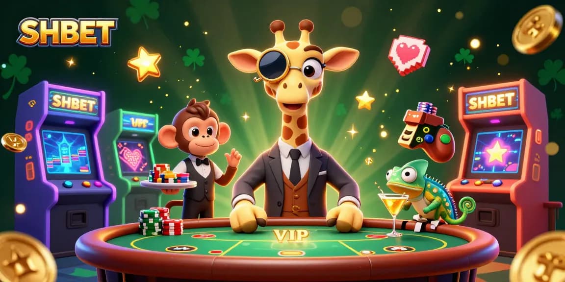 Experience the excitement at SHBET's casino with a high-roller giraffe and vibrant game elements in dynamic 3D.