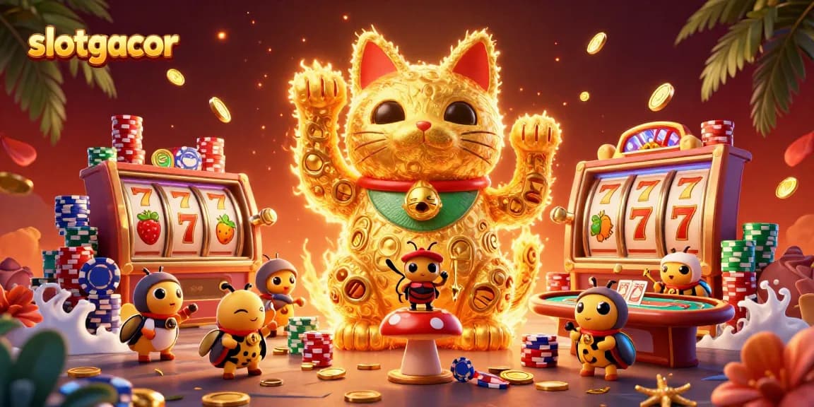 Experience the thrill of slotgacor with a vibrant lucky cat amidst dynamic casino symbols and jackpot counters.