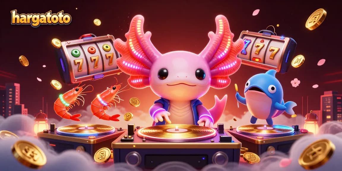Experience hargatoto's thrilling slot action with neon axolotl DJ and vibrant animations.