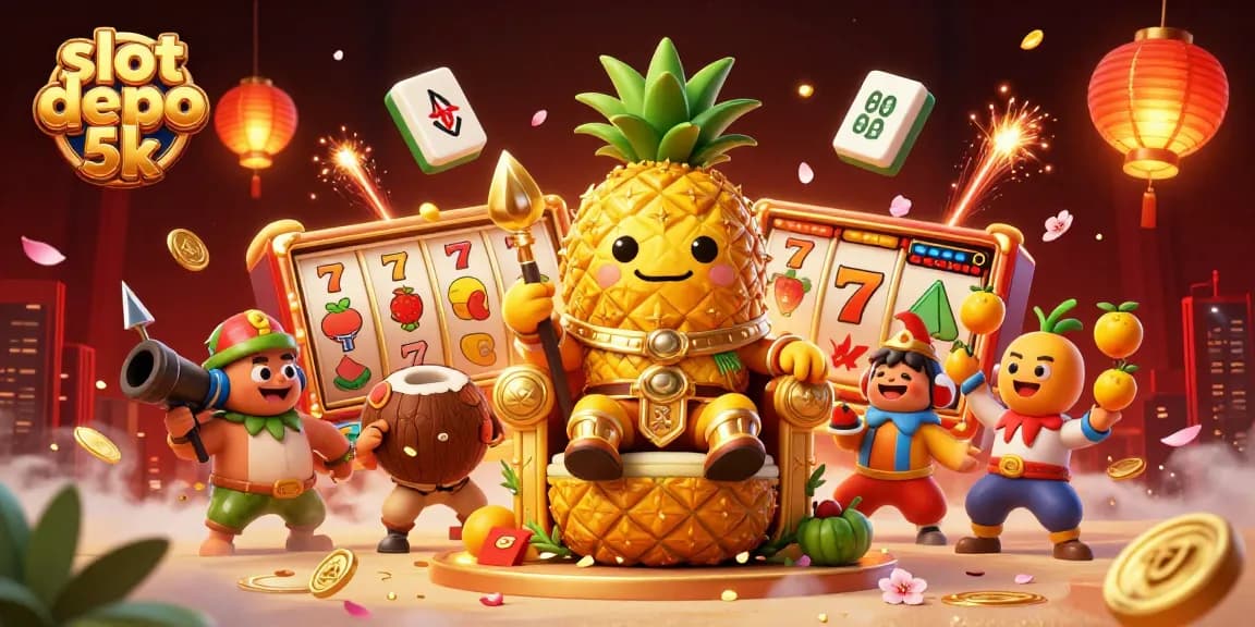 Experience the excitement of slot depo 5k at an illustrated beach casino with vibrant characters and dynamic elements.
