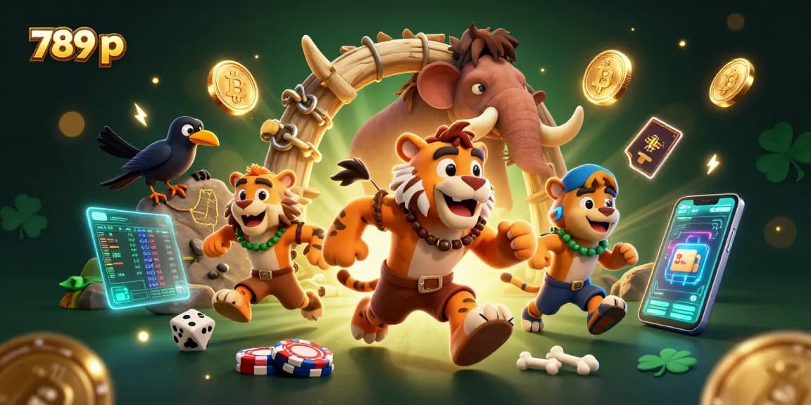 Experience 789 p thrills with a dynamic prehistoric casino scene, featuring cartoon characters and crypto elements.