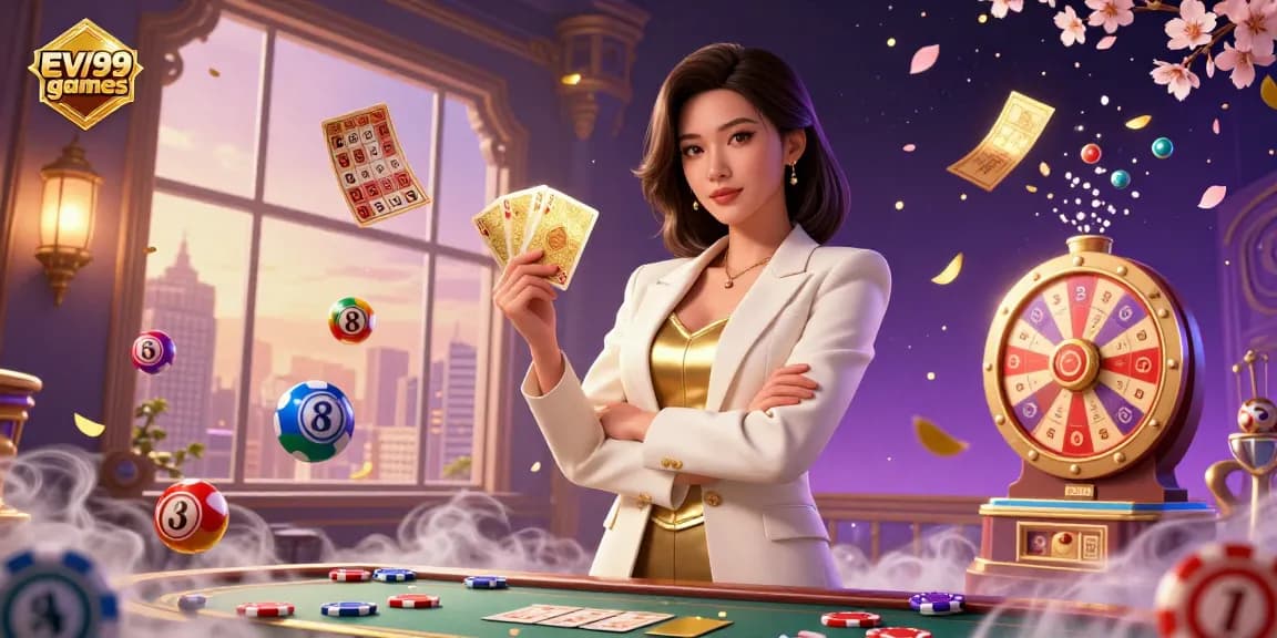 Experience thrilling ev99 games with an elegant Asian businesswoman amidst a vibrant gambling atmosphere.
