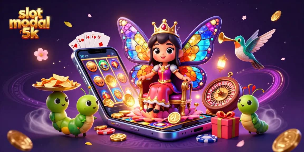 Engage with slot modal 5k excitement in this vibrant 3D casino illustration featuring a butterfly queen and golden chips.