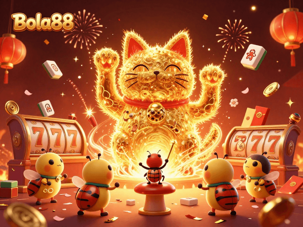 Bola88 merayakan kemenangan dengan kucing keberuntungan dan slot mewah menghiasi latar belakang yang ceria.