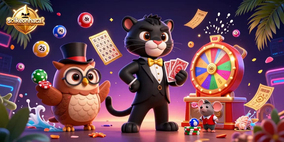 Dynamic gambling scene showcasing soikeonhacai with a stylish panther dealing cards as colorful lottery elements bounce around.