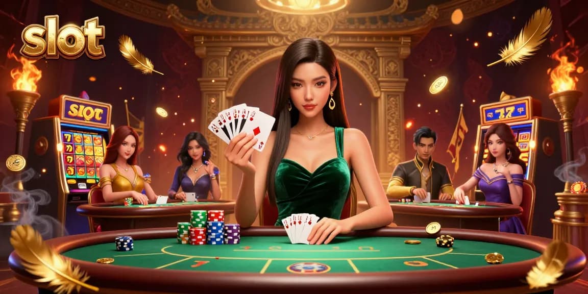 Putar gulungan slot yang dikelilingi oleh elemen emas di sebuah adegan kasino yang hidup.