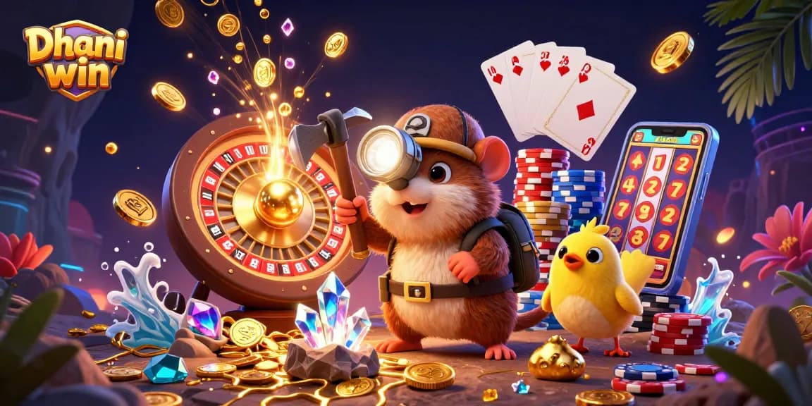 Dhani win treasure hunter mole collecting coins and gems in an exciting 3D gaming scene with colors and light.