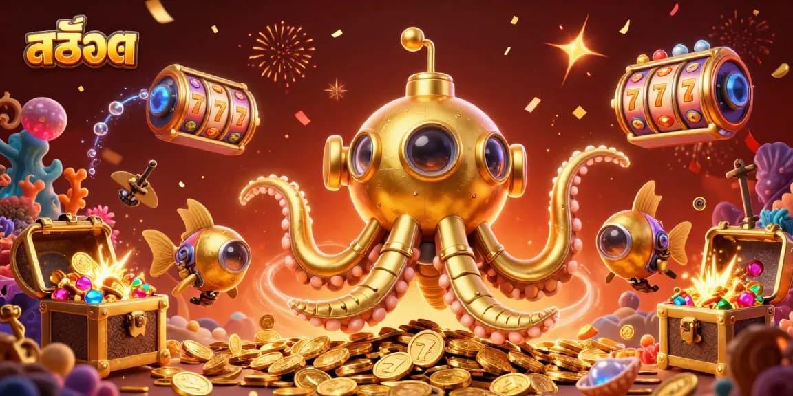 Menangkan jackpot besar dengan สล็อต, ilustrasi kasino 3D penuh warna dan detail